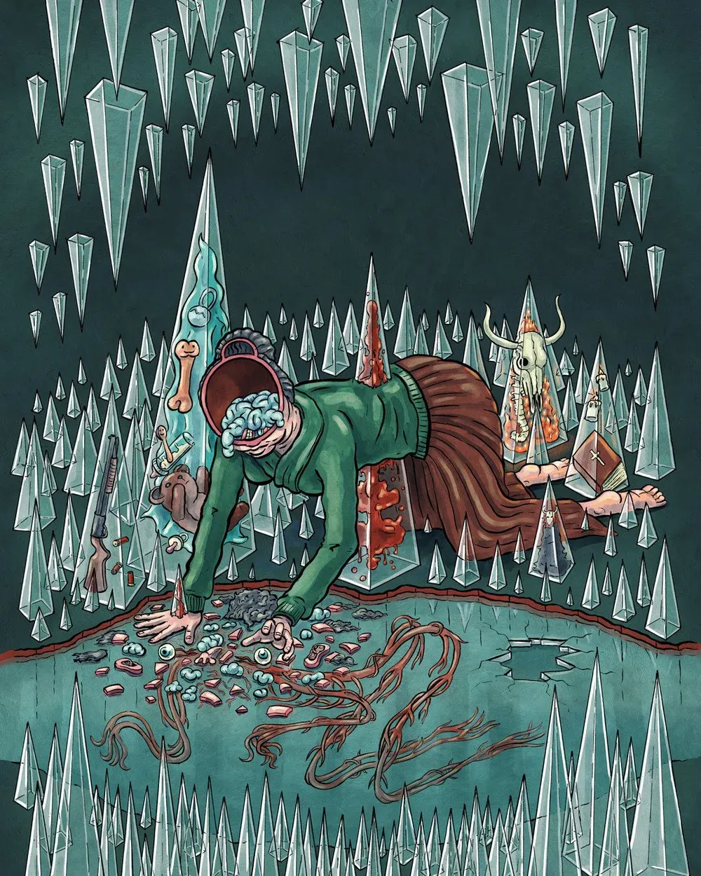 An illustrated scene depicts a person in a green jacket and red skirt hunched over, collecting scattered items on a frozen ground. Jagged ice formations hang from above and surround numerous small, stylized trees and mystical figures.